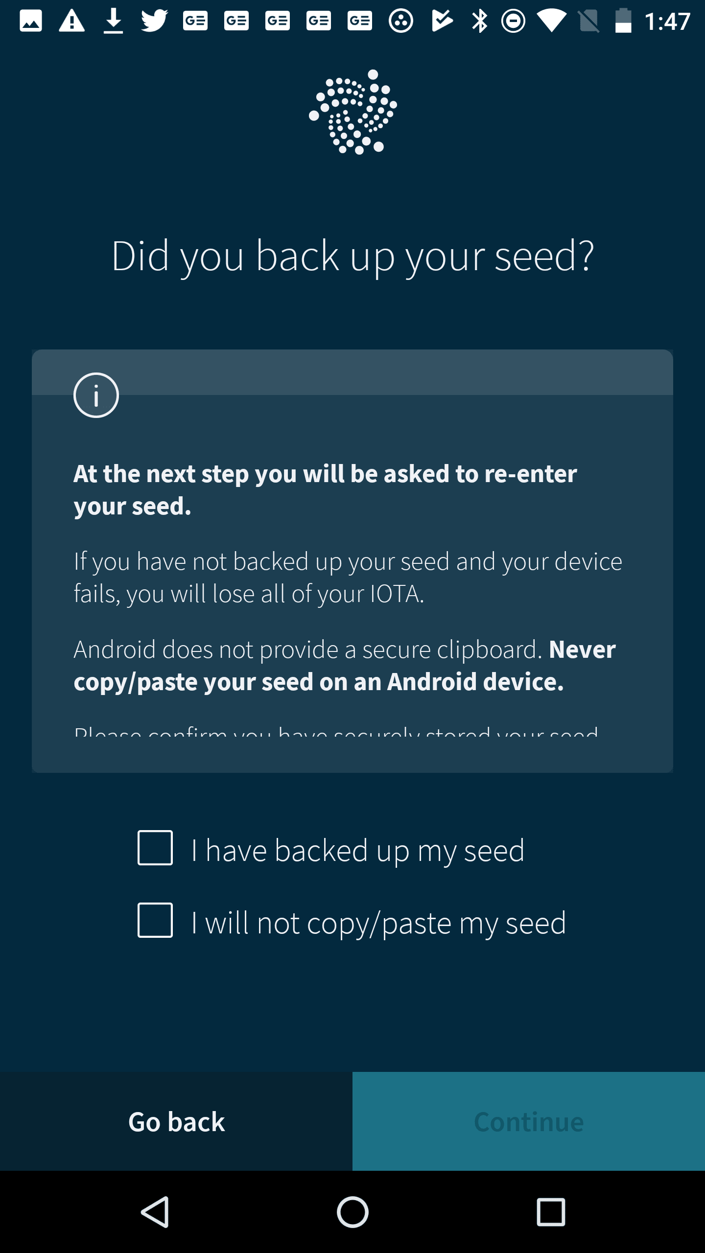 Security settings screen in the IOTA app.