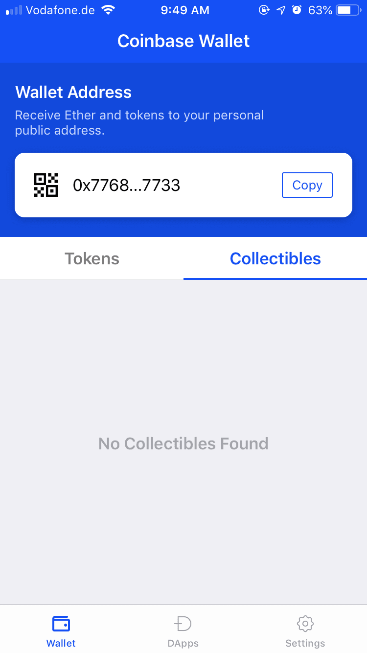 Empty Collectibles screen in Coinbase Wallet