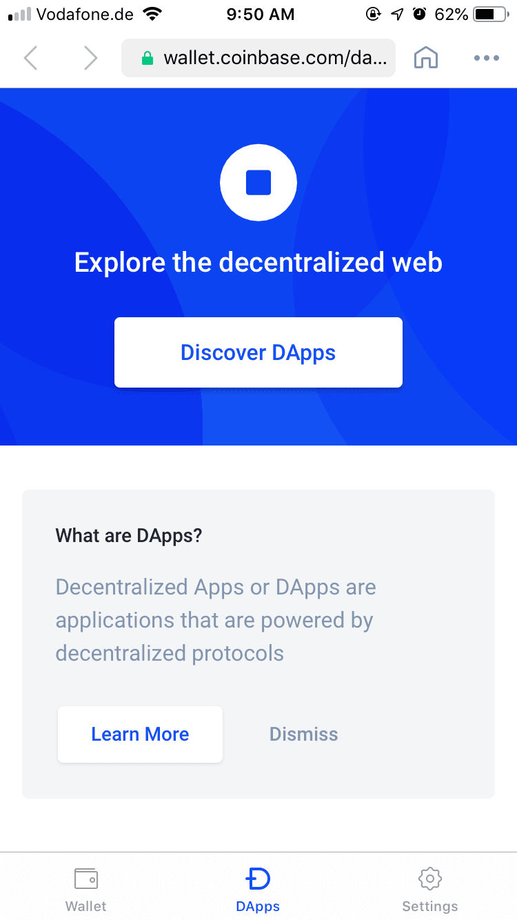 Empty DApps screen in Coinbase Wallet