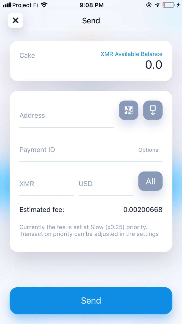 Cake Wallet send screen