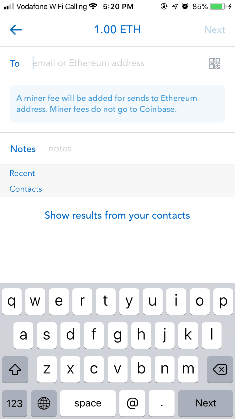 Send screen in the Coinbase app.