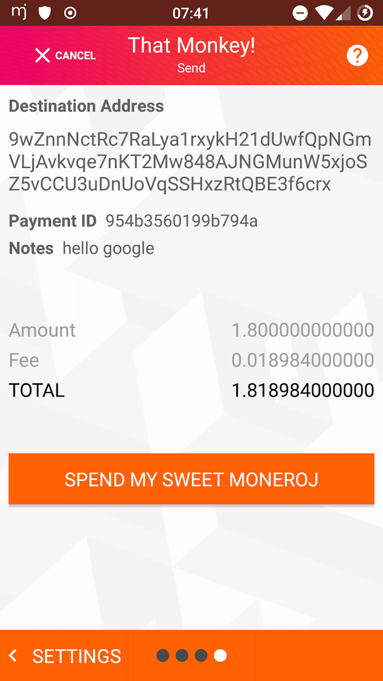 Moneroju wallet send screen