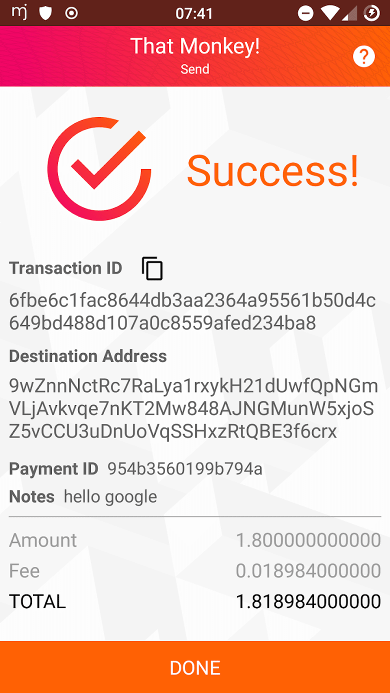 Moneroju wallet send screen