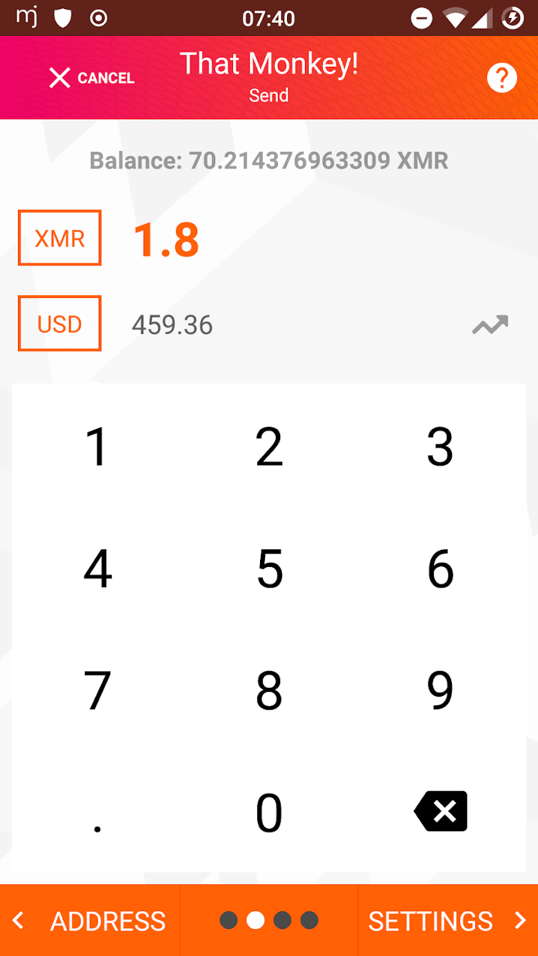 Moneroju wallet send screen