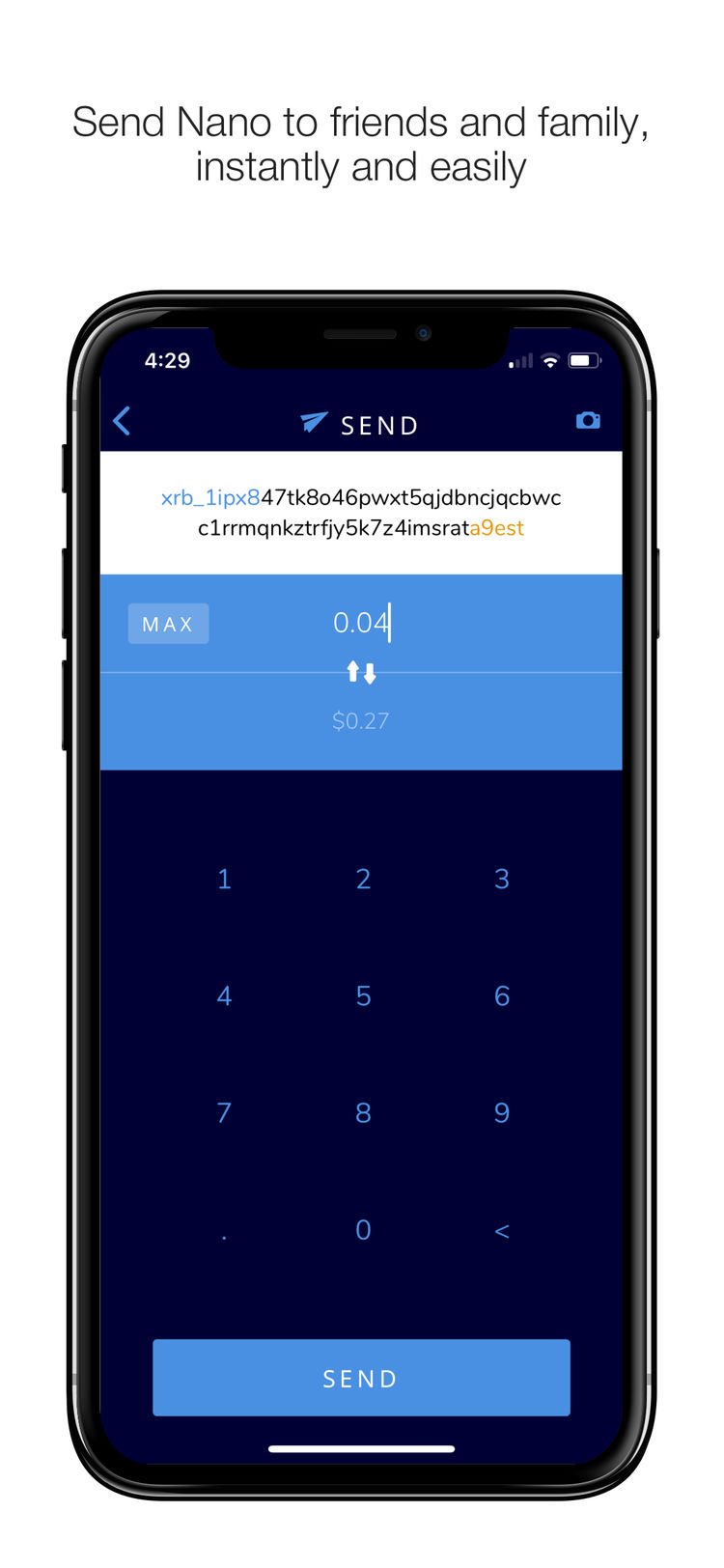 Send screen in the Nano wallet app.