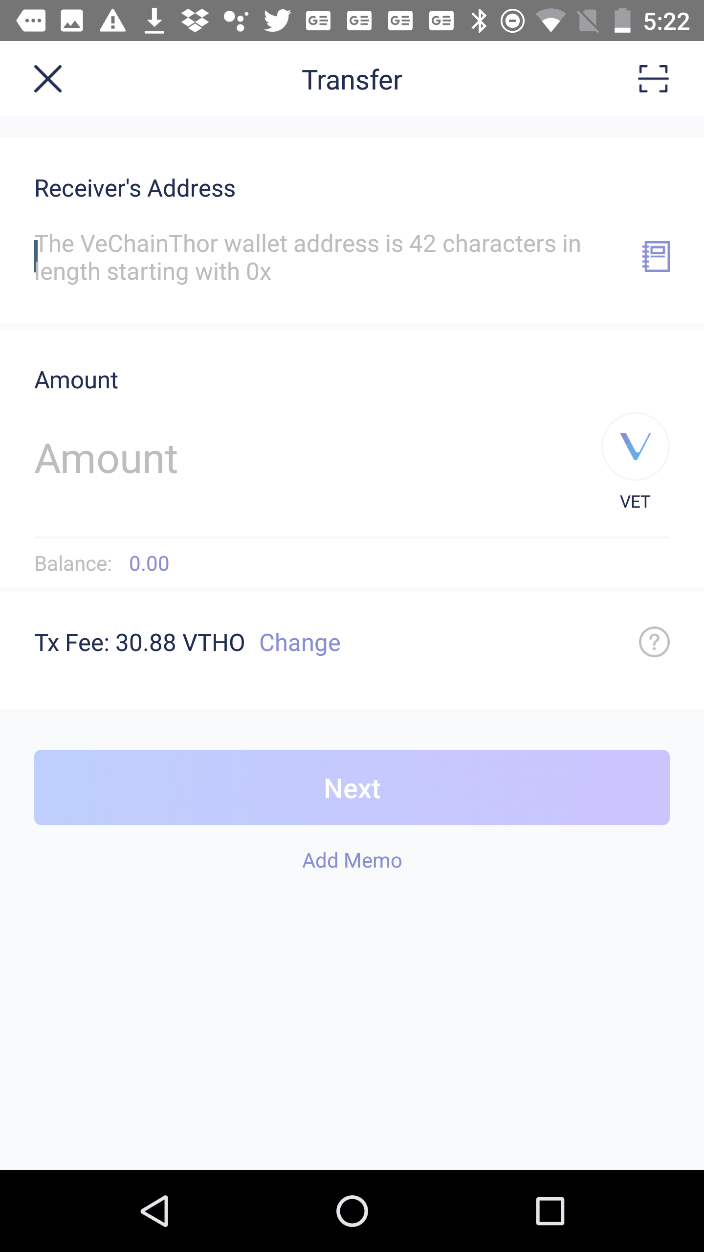 Send screen in the VeChainThor app.