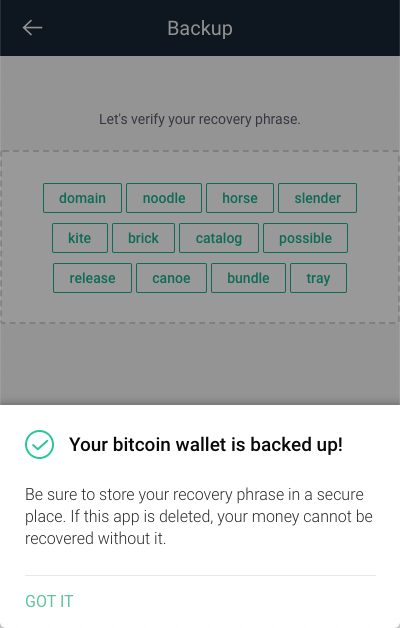 Copay wallet backup confirmation